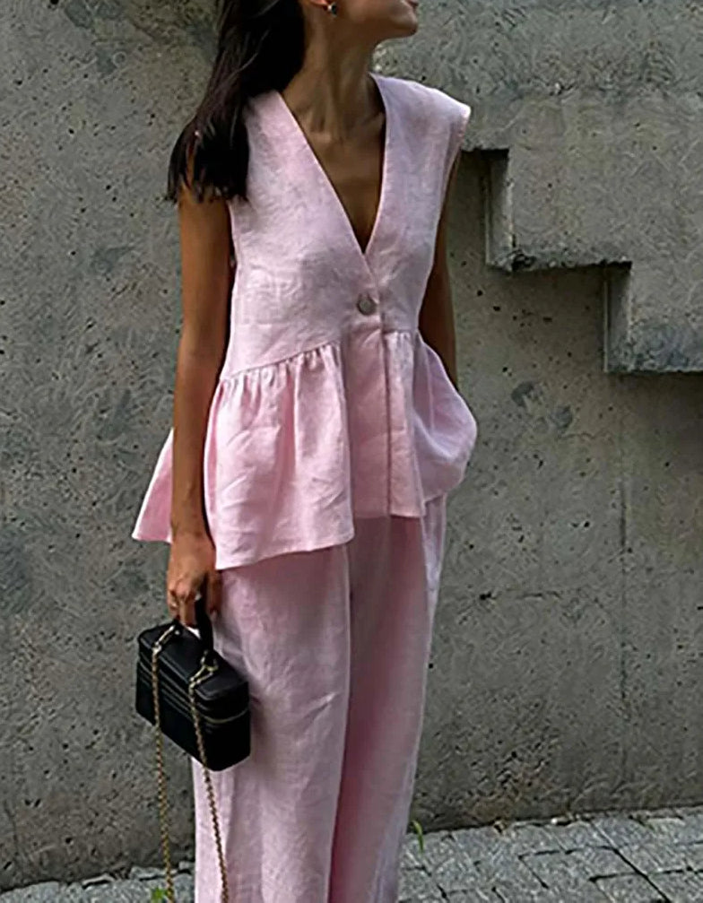 Pink Cotton Deep V-neck Trousers Office Two Piece Set