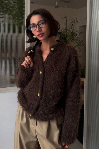 Color Button-up Faux Fur Knit Sweater
