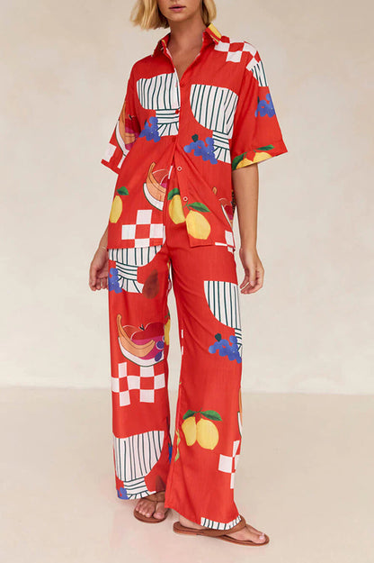 Unique Printed Shirt and Elastic Waist Pants Set