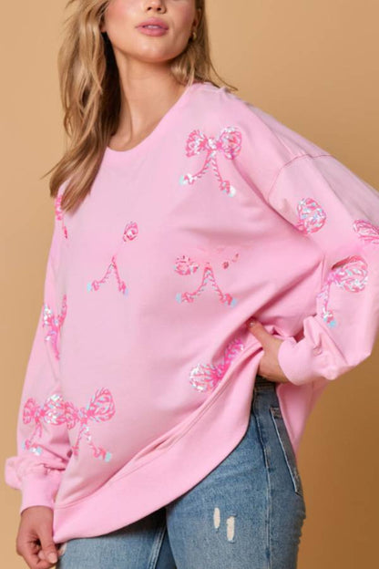 Bowknot Sequined Loose Long Sleeve Sweatshirt