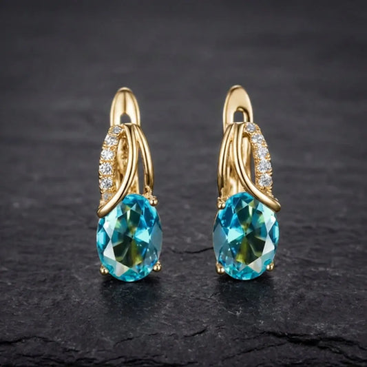 Aqua Blue Zircon Oval Stone Earrings