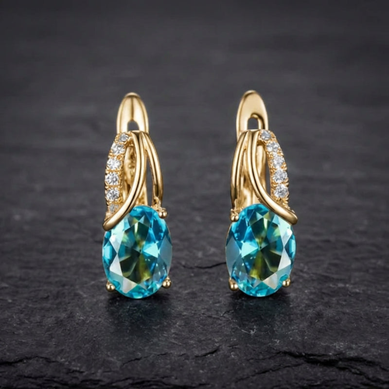 Aqua Blue Zircon Oval Stone Earrings