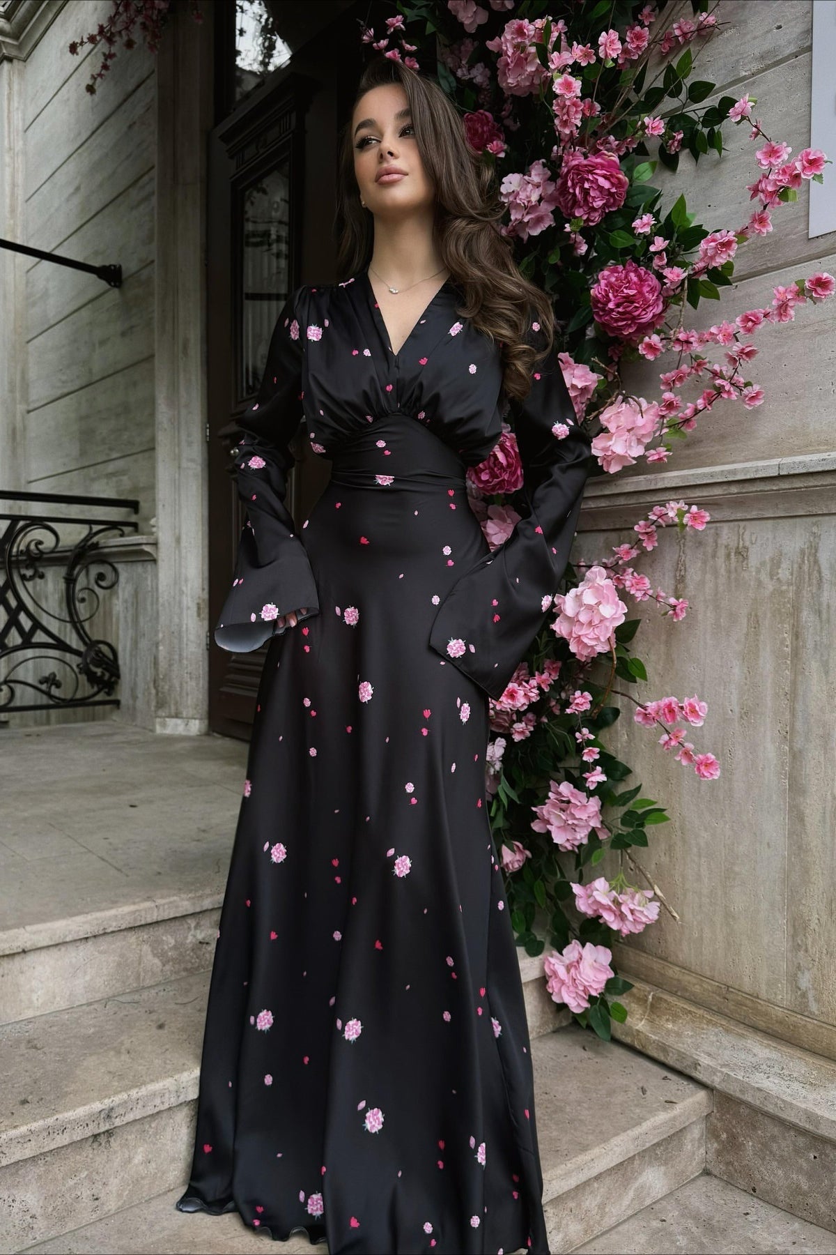 Satin V Neck Flared Hem Maxi Dress