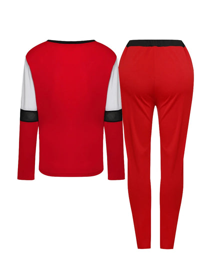 Two Piece Color-lump Tracksuit Pants Set Patchwork Sporty Long Sleeve Conventional Collar Autumn Outfits