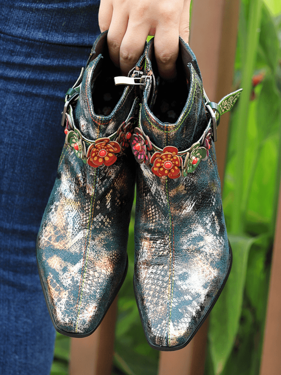 Soffia | Snake Pattern Embossed Green Leather Kitten Heel Ankle Boot