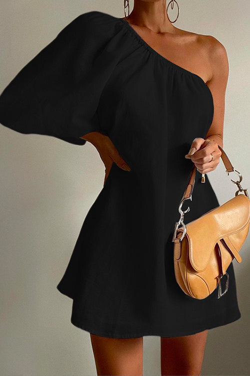 One Shoulder 3/4 Sleeves Cotton Linen Mini Dress