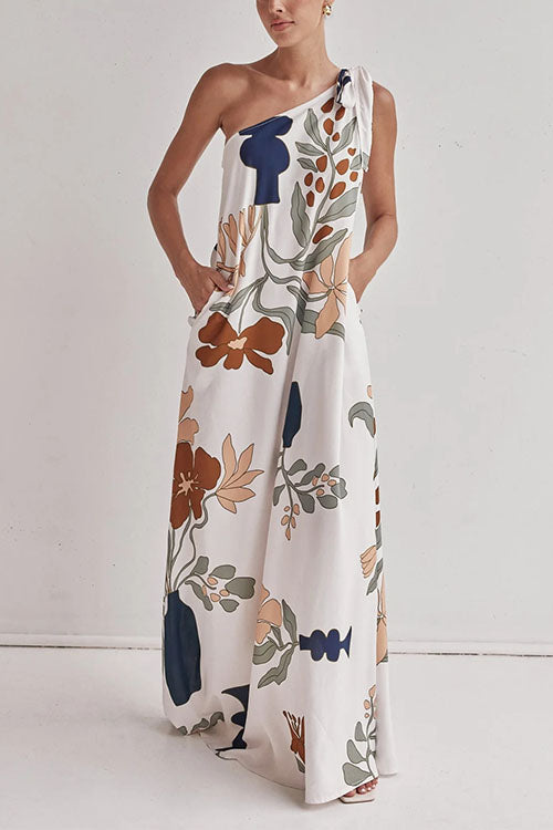 Moxidress Tie Knot One Shoulder Print Maxi Dress