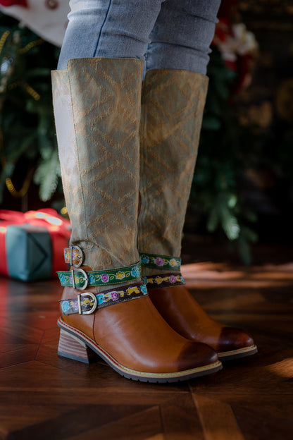 Soffia | Tri-strap Canvas Leather Knee High Boot