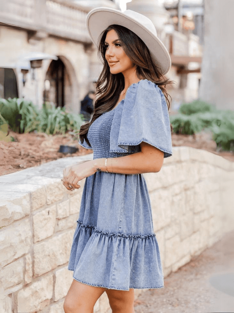 Sonesta Babydoll Denim Mini Dress - Light Wash
