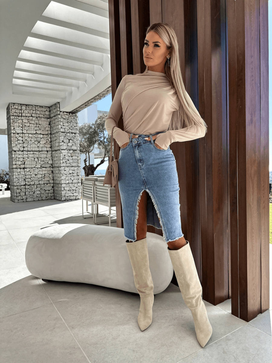 Maddy Asymmetrical Slit Denim Skirt