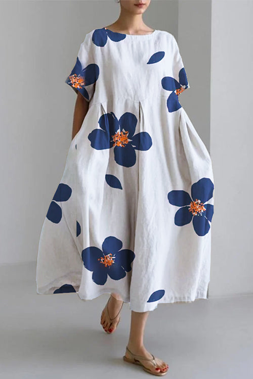 Printed Short Sleeves Pocketed A-line Midi Dress