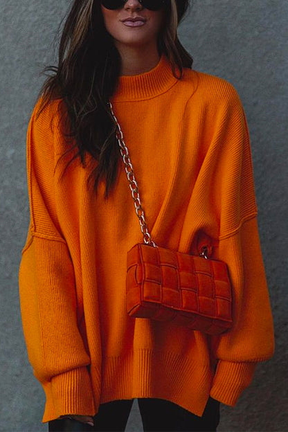 Crewneck Side Split Ribbed Knit Sweater