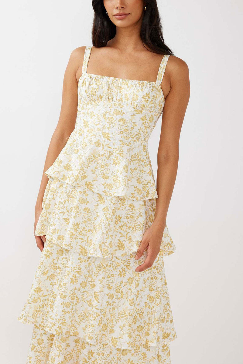 Print Tie-up Tiered Midi Dress