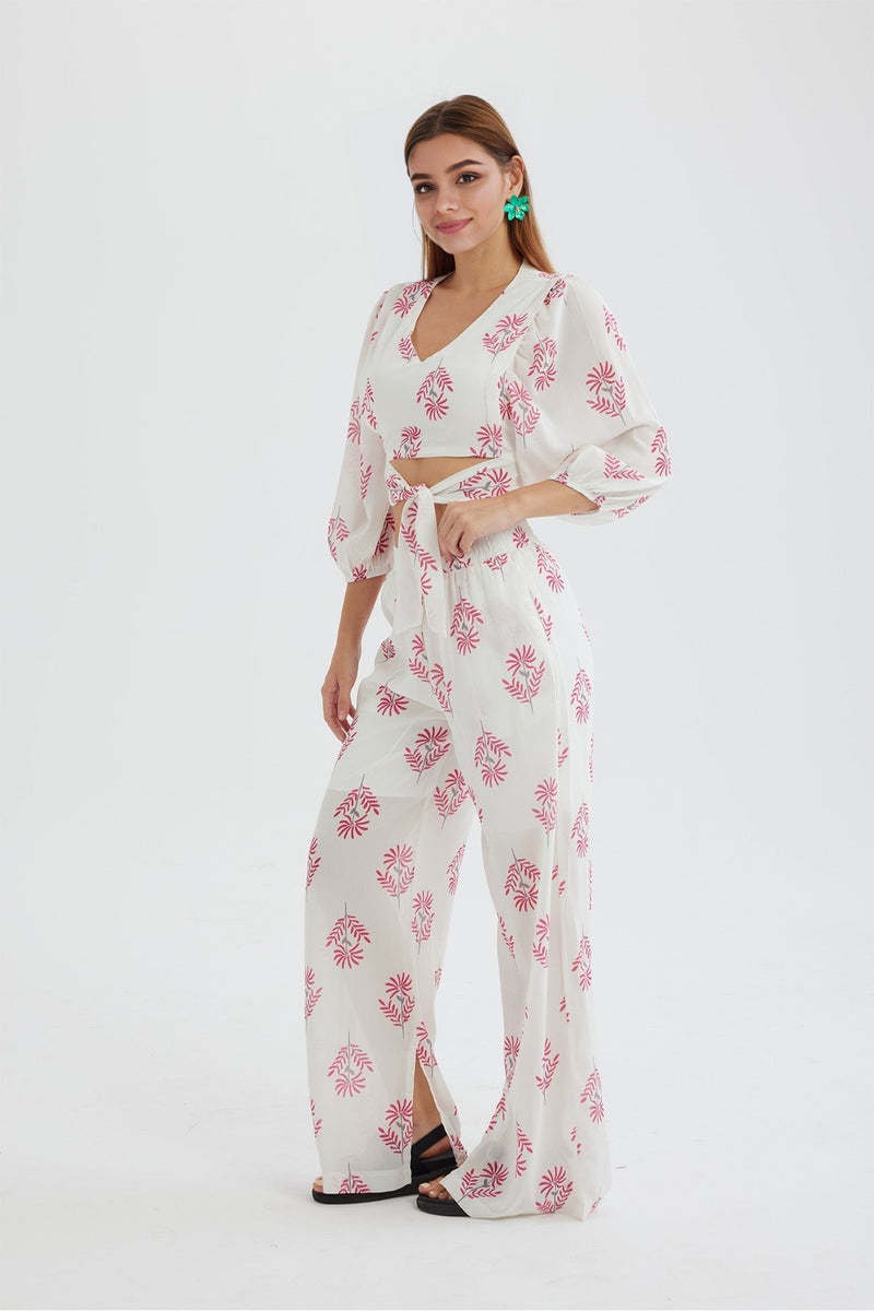 Print Puff Sleeve Knotted-front Tops Long Pants Suits