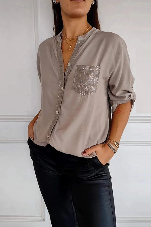 Rolled Up Sleeves Button Down Sequin Splice Blouse Shirt