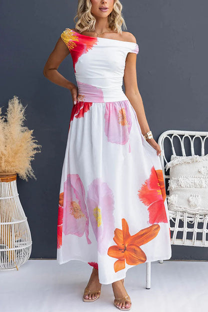 Boat Neck Waisted Print Swing Maxi Dress