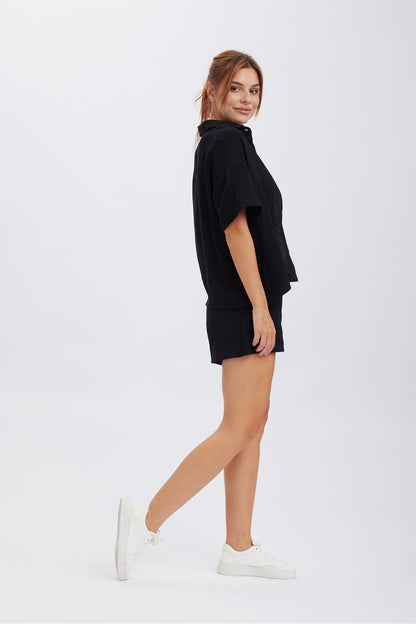 Color Short Sleeve Shirt Cotton Two-piece Shorts Set