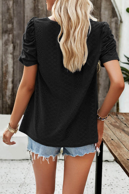 Square Neck Puff Sleeve Hollow Out Blouse