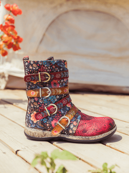 Soffia | Daisy Printed Straps Leather Ankle Boot