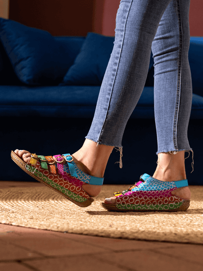 Soffia | Rainbow Strap Bubble Pattern Leather Sandal