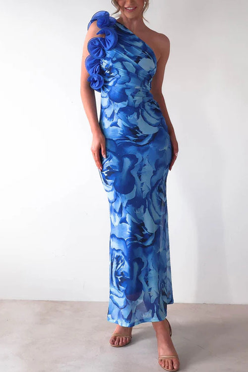 Moxidress Ruffle One Shoulder Print Bodycon Maxi Dress