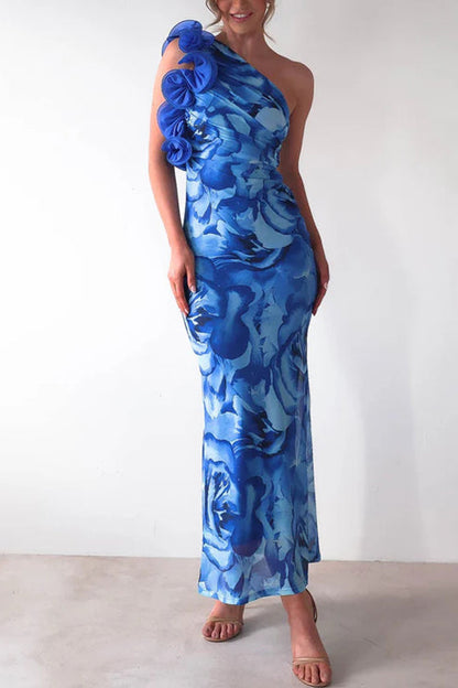 Moxidress Ruffle One Shoulder Print Bodycon Maxi Dress