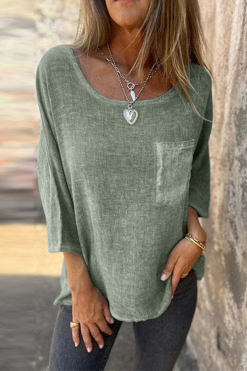 3/4 Sleeves Pocketed Cotton Linen T-shirt