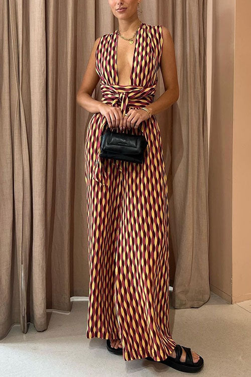 Back Criss Cross Knot Waist Wide Leg Printed Jumpsuit