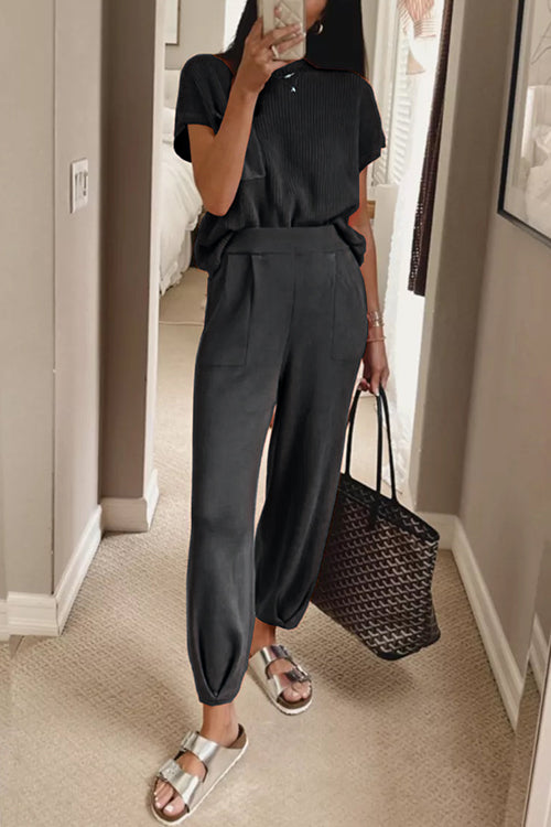 Short Sleeves Ribbed Knit Pullover Ruched Harem Pants Set