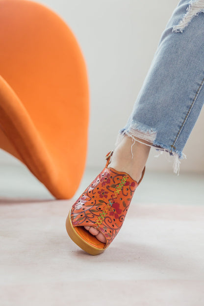 Soffia | Orange Embossed Perforated Leather Sandal