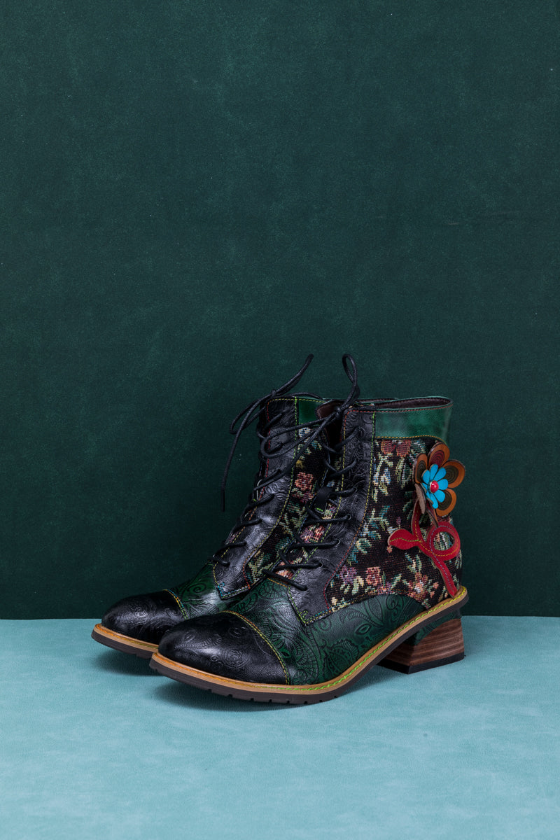 Soffia | Appliqued Lace Up Leather Ankle Boot