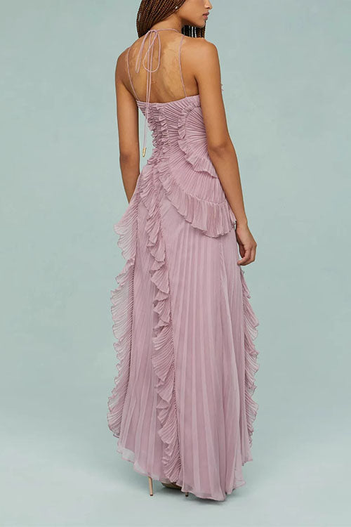 Moxidress Strappy Halter Neck Ruffle Trim Asymmetric Hem Pleated Maxi Dress