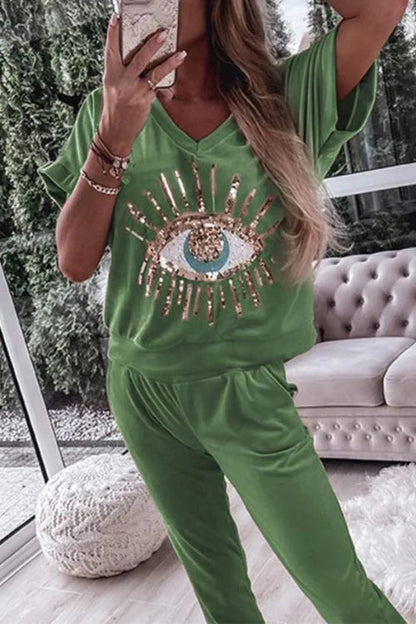 Sequin Pattern V Neck Short Sleeve Top With Pocketed Pants Set