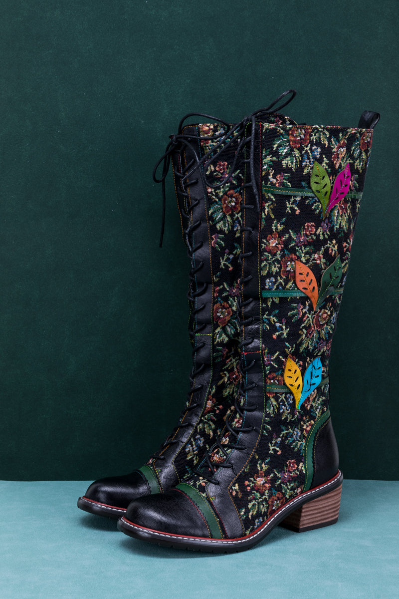Soffia | Patchwork Applique Leather Canvas Boot