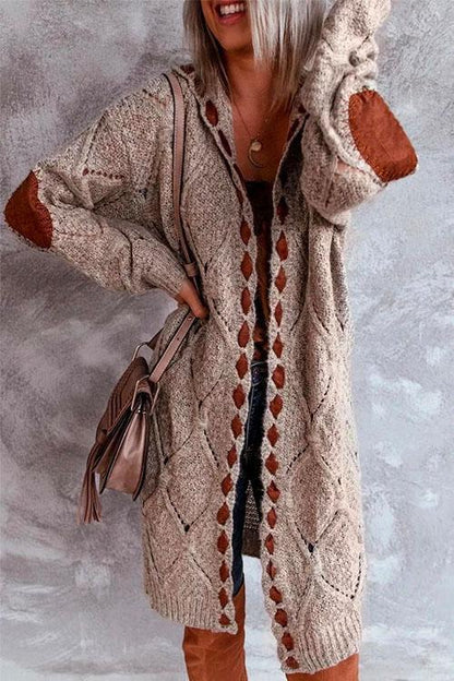 Elbow Patch Color Block Hoodied Midi Cardigan