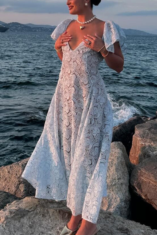 V Neck Flare Sleeves Lace Midi Dress