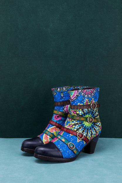 Soffia | Mandala Blue Firework Strap Accent Leather Boot