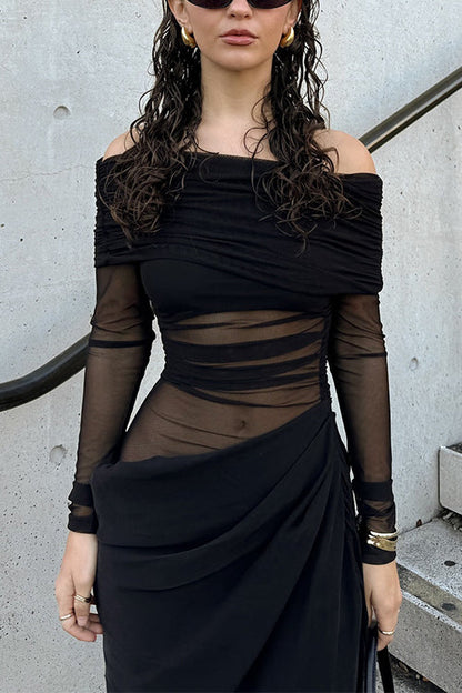 Moxidress Off Shoulder Long Sleeves Mesh Splice Maxi Dress