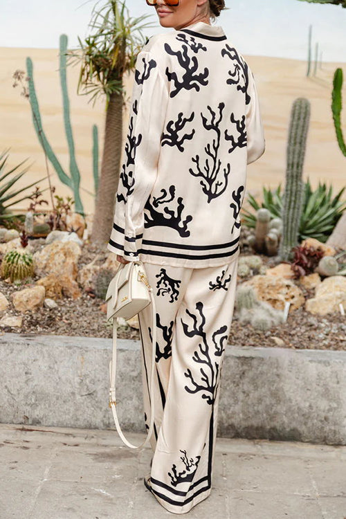 Coral Reef Print Long Sleeves Blouse Shirt Wide Leg Pants Satin Set