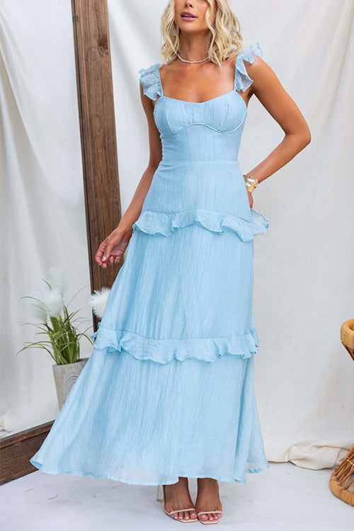 Backless Lace-up Ruffle Trim Sleeveless Maxi Dress