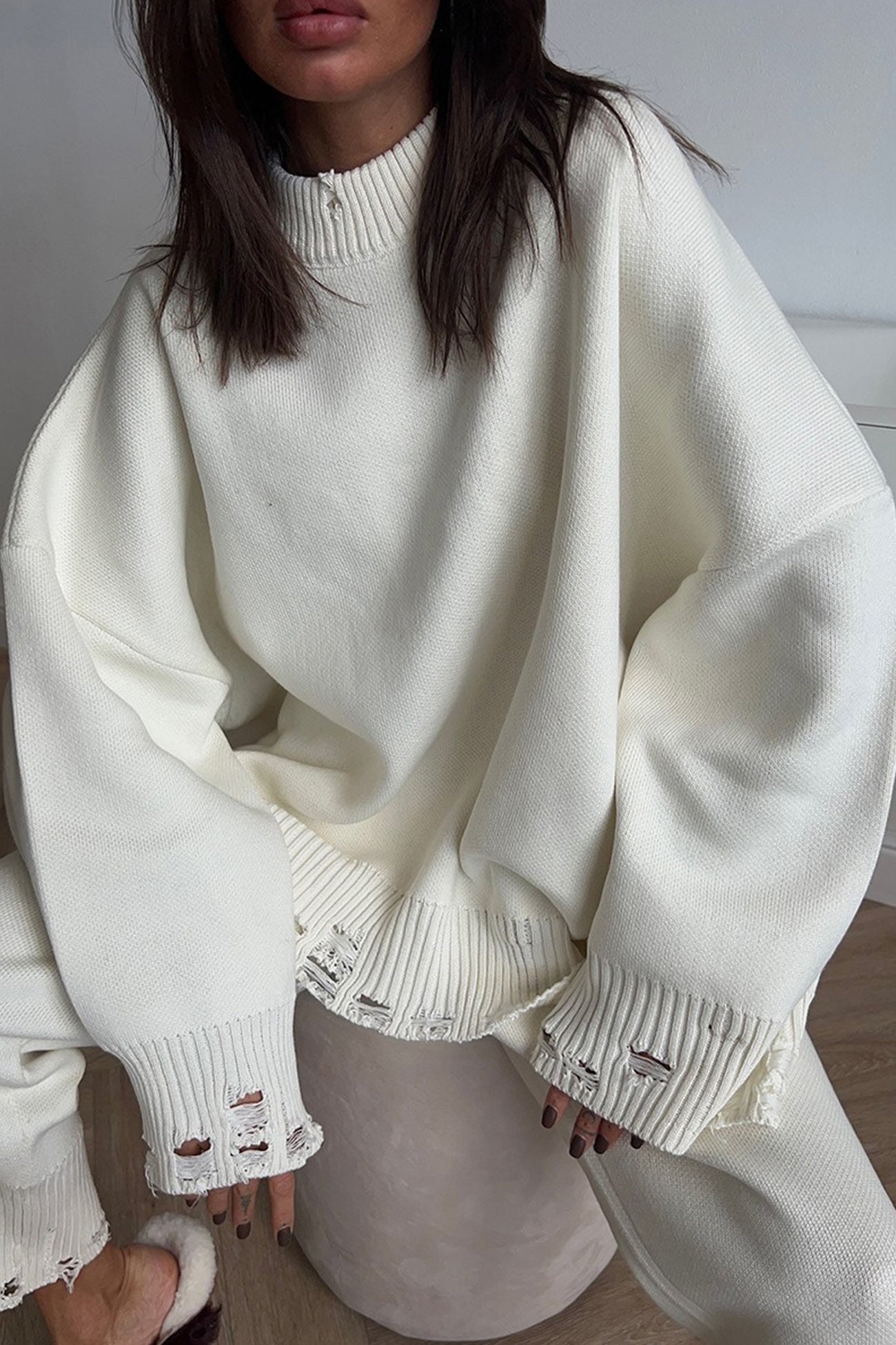 Raw Edge Crew Neck Sweater Set