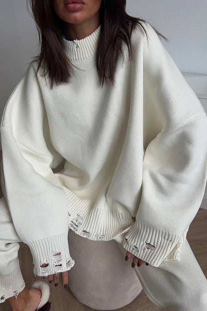 Raw Edge Crew Neck Sweater Set