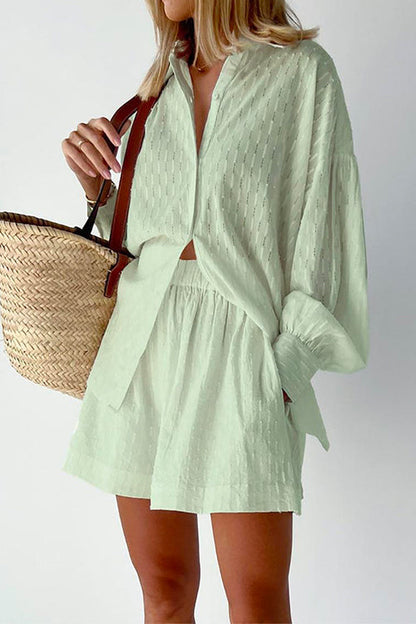 Bubble Long Sleeve Blouse Shirt Wide Leg Shorts Set