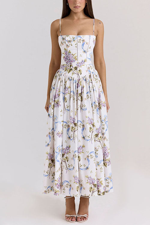 Spaghetti Strap Print Bustier A-line Maxi Dress