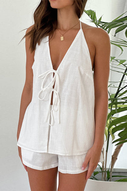 Moxidress Halter V Neck Tie Bow Backless Top and Elastic Waist Shorts Set