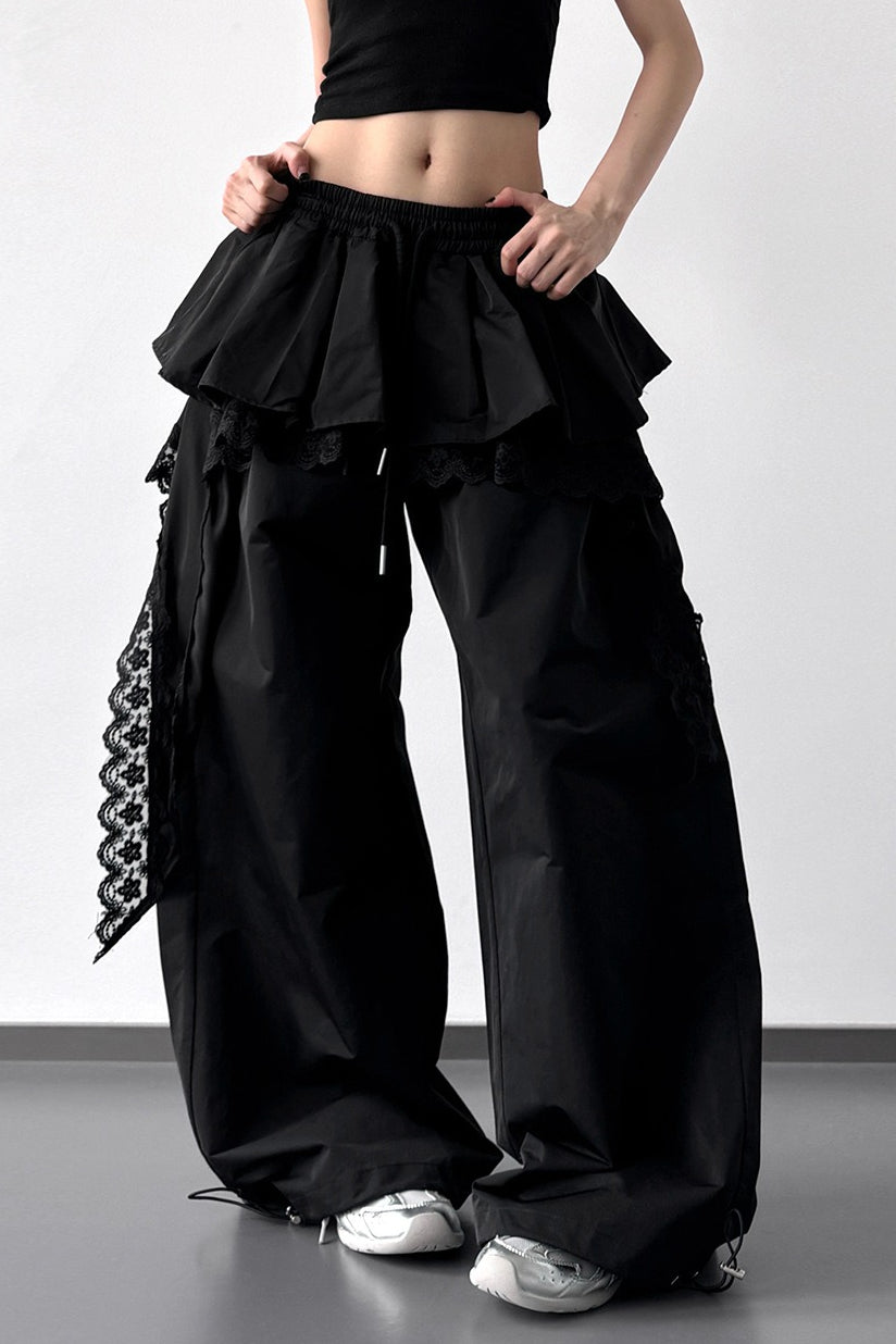 Lace Skirt Hem Trim Wide Leg Pants