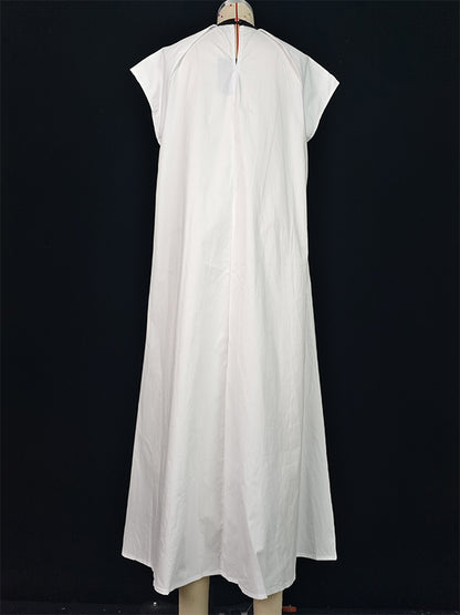 A-line Loose Pleated Tied Round-neck Midi Dresses