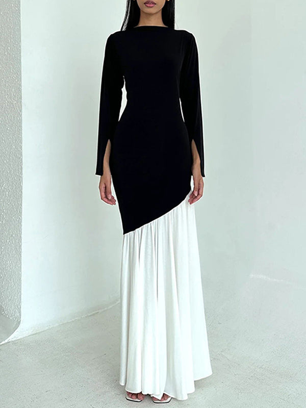 Bodycon High Waisted Contrast Color Pleated Split-joint Round-neck Maxi Dresses