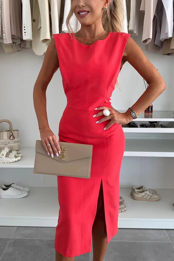 Charming Lady Color Round Neck Sleeveless Waisted Slit Stretch Midi Dress
