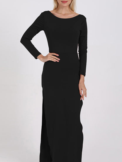 Bodycon Long Sleeves Backless Color Split-joint Split-side Round-neck Maxi Dresses